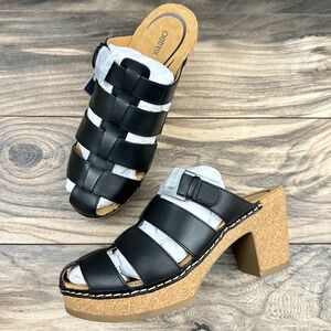 NIB Aetrex Cally 39 8.5 Black Leather Slip On Fisherman Heels Clog Sandals